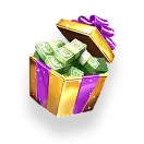 ปลอกใส่เงินสดในกล่องของขวัญสีทองและม่วงพร้อมริบบิ้น.